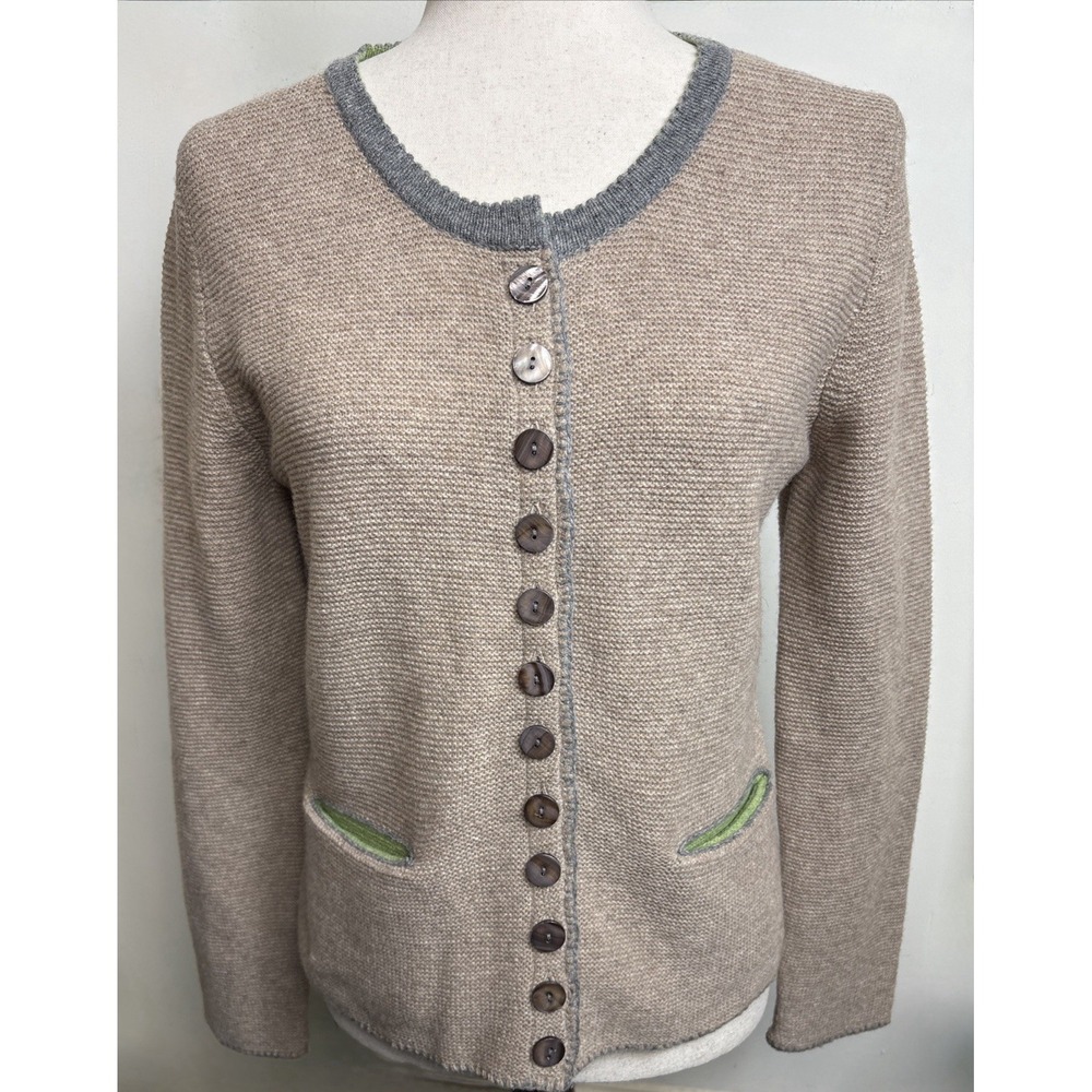 Sundance Tulla Merino Wool Cardigan Womens XS Tan Contrast Trim Extrafine Knit